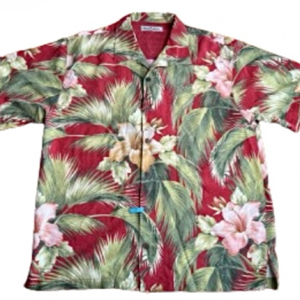 TOMMY BAHAMA Lg Silk Button Up Shirt Red w/ Palm Leaves& Hibiscus Short Sleeves